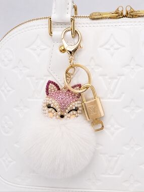 LV Authentic Gold Padlock 🔒 Key Set w/ Unbranded Fox Pom-pom Keychain Charm